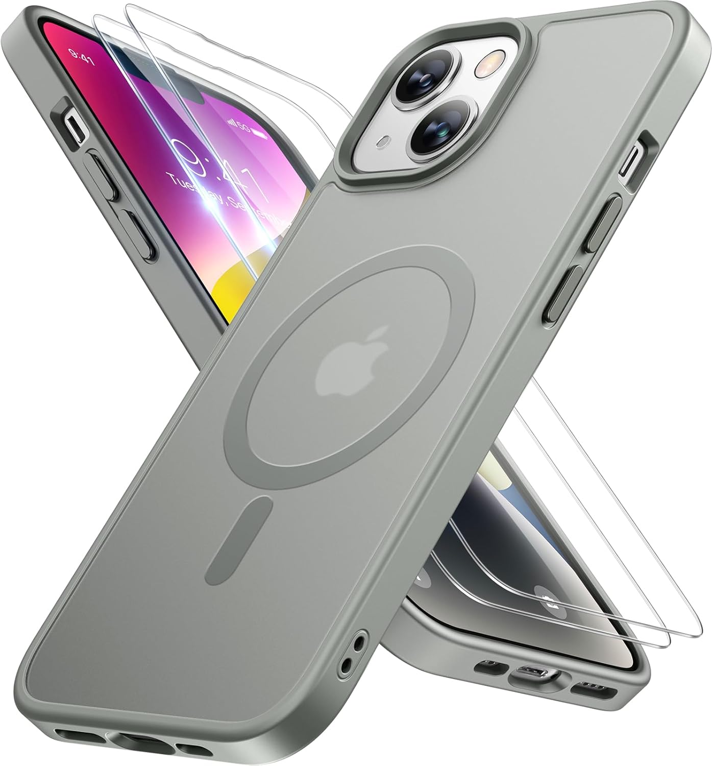 Miracase Magnetic for iPhone 14 Case 6.1 inch (Compatible with MagSafe)(with 2X Screen Protectors) Military-Grade Protection, Anti-Fingerprint Translucent Matte Phone Case Cover, Gray